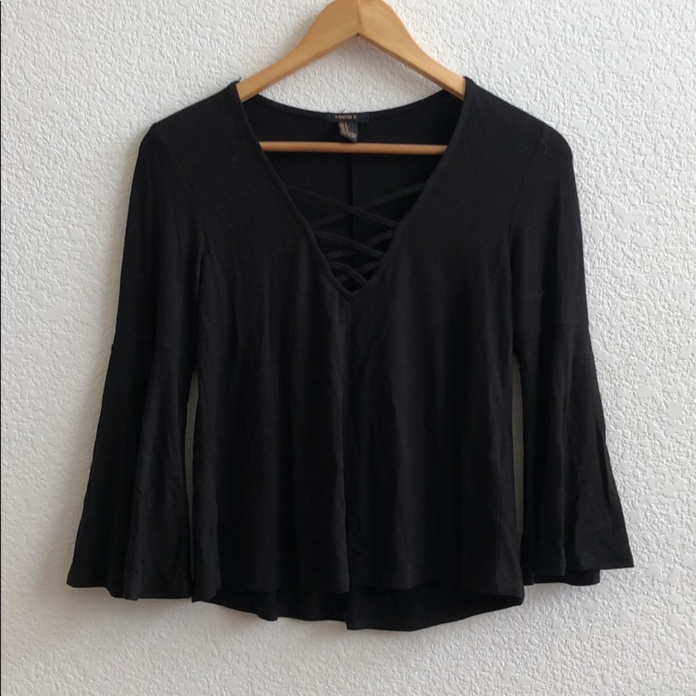 Forever 21 black cross v neck blouse w bell sleeve